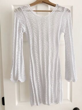 Falechay XS White  Knit Cover Up Dress Bell Sleeve Beach Boho Sheer Viscose